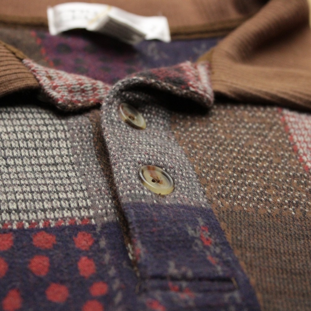 Vintage Pro Celebrity Long Sleeve Knit Polo Shirt Mens L Brown Patchwork Warm - Picture 4 of 6